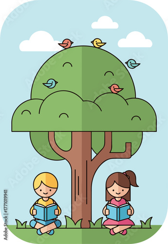 Two Children Reading Books Under a Tree Illustration