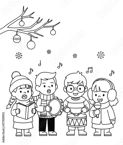 Children Singing Christmas Carols and Playing Instruments, Coloring Book Illustration