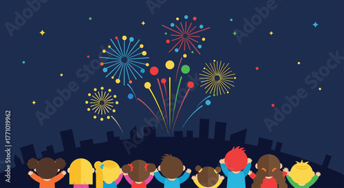 Children Watching a Colorful Firework Display Over a City Skyline