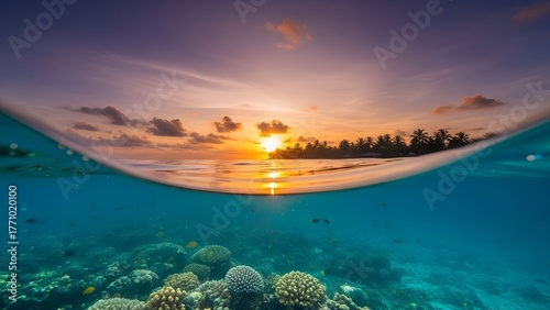 A stunning over-under tropical sunset scene with a perfectly curved waterline dividing sky and sea like a glass dome. Above, a radiant orange and violet sky glows as the sun sets behind distant palms.