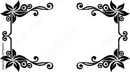 Black floral corner designs on a white background. Each corner features swirling vines and stylized leaves, creating an elegant and decorative effect.