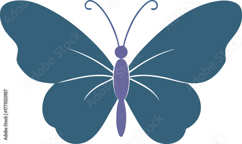Silhouette of a butterfly with deep blue wings and a purple body on a white background. The design is simple, conveying elegance and tranquility.