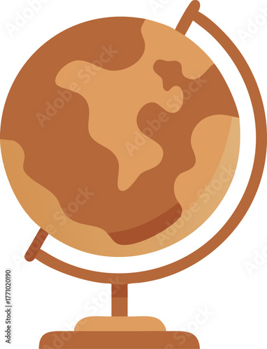 Illustration of a simple brown and tan globe on a stand, depicting land masses. The design is minimalistic, with a feeling of educational warmth.