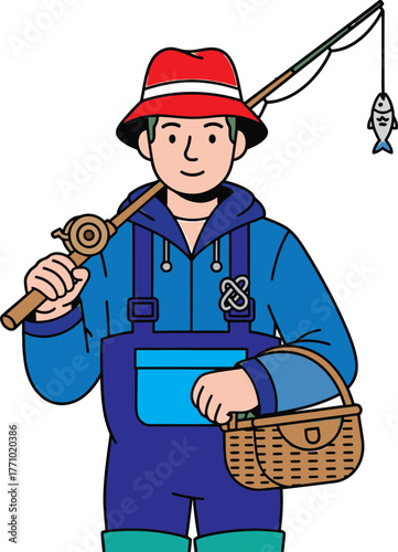 Fisherman with Red Hat and Blue Overalls