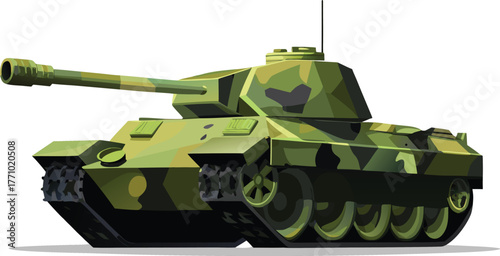 Illustration of a camouflaged military tank in green and brown tones on a white background, showcasing its turret and cannon. The mood is tactical.