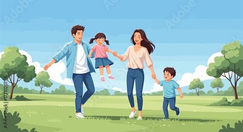 Happy family enjoying fun day together in the park, spreading love and joy outdoors