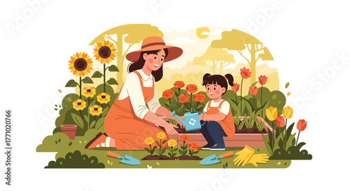 Cheerful mother and daughter gardening together, watering flowers in a sunny backyard