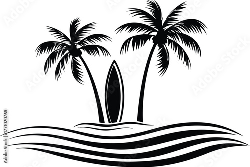 Black and white illustration of two palm trees and a surfboard on a small island with stylized waves, conveying a tropical and adventurous vibe.