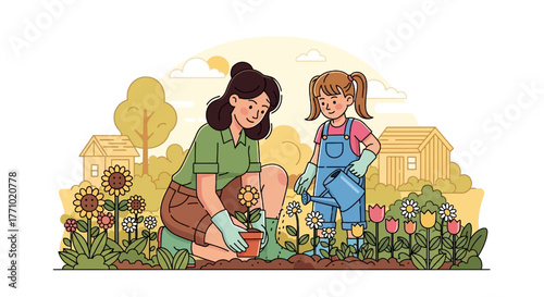 Delightful cartoon of mother and daughter gardening together with bright sunflowers