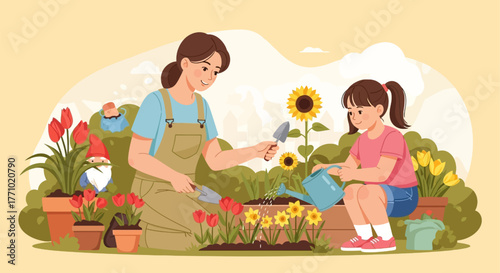 Mother and daughter joyfully gardening together, nurturing vibrant flowers in the sun