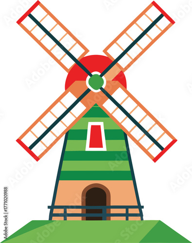 Illustration of a colorful windmill with a red and green striped tower on a grassy mound. The four blades are highlighted in red and beige, conveying a cheerful tone.