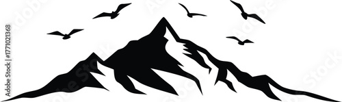 Silhouette of a mountain range with multiple peaks and birds flying overhead against a white background, conveying a sense of freedom and tranquility.