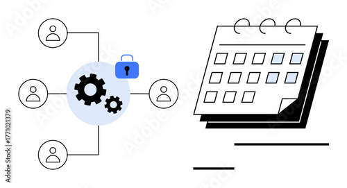 Gear system with lock symbol connecting colleagues, emphasizing teamwork and secure collaboration. Adjacent calendar symbolizes planning. Ideal for productivity, organization, teamwork, security