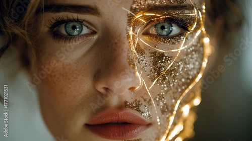 Close up of a woman with blue eyes and half of her face covered in gold glitter and gold lines