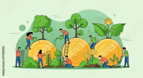 Team growing wealth and nurturing investments for financial future with dollar coins