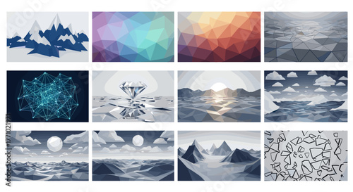 Abstract geometric low poly backgrounds and elements collage