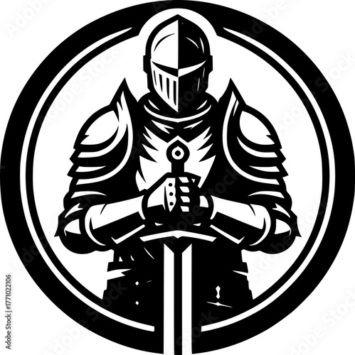 Vector illustration of a knight holding a sword and shield, heroic pose, strong and detailed design.