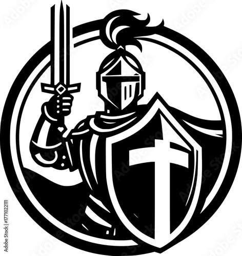 Vector illustration of a knight holding a sword and shield, heroic pose, strong and detailed design.