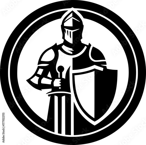 Vector illustration of a knight holding a sword and shield, heroic pose, strong and detailed design.