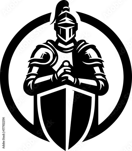 Vector illustration of a knight holding a sword and shield, heroic pose, strong and detailed design.