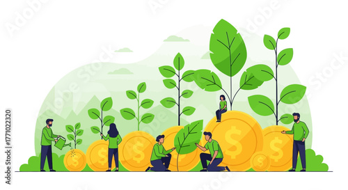 Team growing successful investments and financial prosperity with green plants on coins