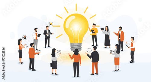 Diverse team brainstorming innovative ideas with bright lightbulb in modern office setup