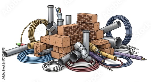 set of industrial products (bricks, pipes, cables) arranged harmoniously, representing the basis of construction (2)