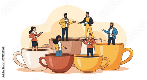 Diverse team having informal coffee break discussion in oversized mugs for creative brainstorm