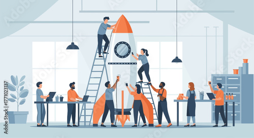 Innovative team collaborating on startup rocket launch for business growth and success