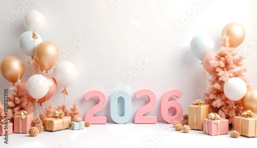 Pastel 2026 New Year celebration with balloons and gifts