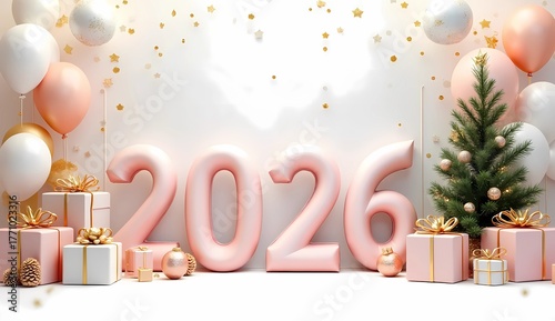 Modern pink and gold New Year 2026 holiday background. Perfect for holiday greeting cards, banners, and seasonal advertisements.