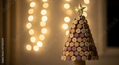 A cork christmas tree with a star on top and fairy lights in the background creating a festive scene