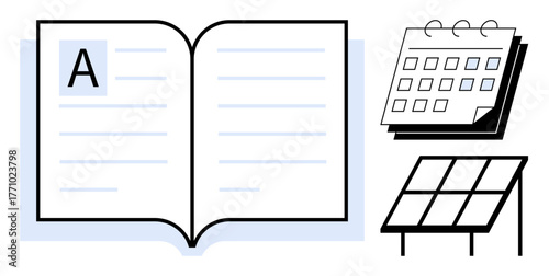 Open book with visible text lines, a calendar with a spiral binding, and a solar panel. Ideal for education, planning, innovation, sustainability, time management, renewable energy simple flat