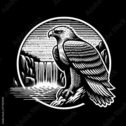 Majestic Eagle Perched Above Waterfall in Natures Embrace.