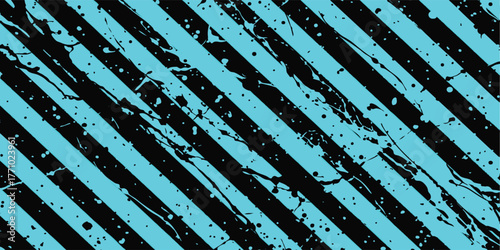 Abstract grunge background with diagonal cyan and black stripes and splatter texture.