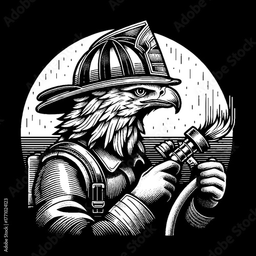 Eagle Firefighter Holding Hose Ready to Extinguish Flames.