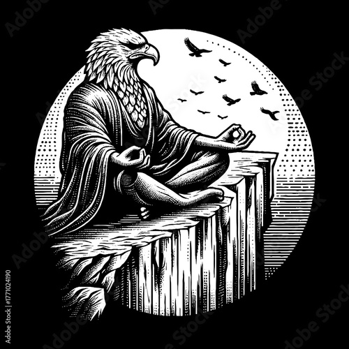 Eagle Spirit Meditates on Cliffside Finding Inner Peace.