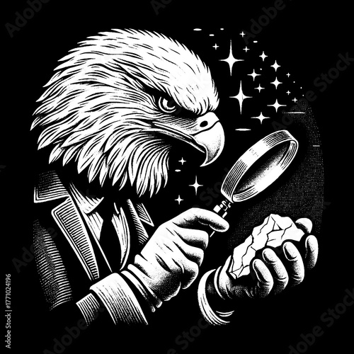 Eagle Detective Examining Rock with Magnifying Glass.