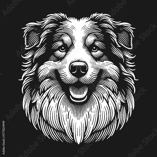 Detailed black and white illustration of a smiling dogs face.