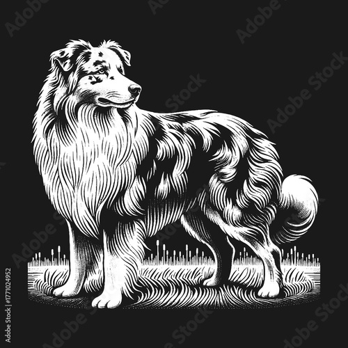 Elegant Australian Shepherd Portrait in Monochrome Style.