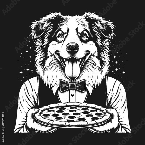 Dog waiter holding pizza black and white illustration.