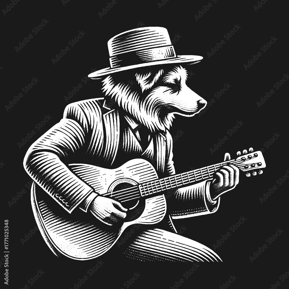 Fototapeta premium Dog Musician Playing Guitar in a Stylish Suit and Hat.