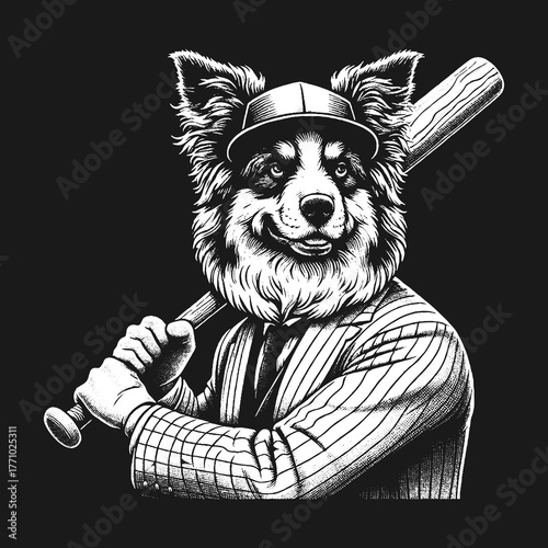 Dog in a Baseball Uniform Holding a Bat.