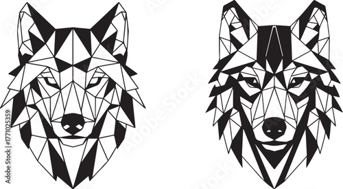 Modern Geometric Wolf Head Designs Angular Black White Illustration