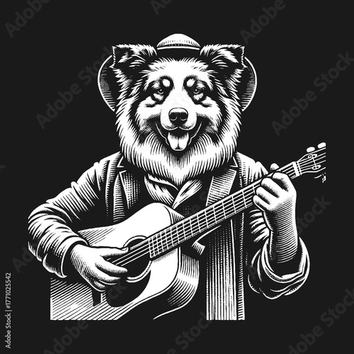 Dog Playing Guitar in Cowboy Hat Black and White Illustration.