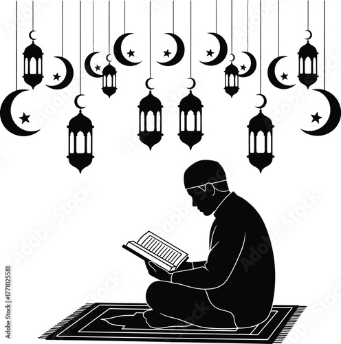 Muslim Man Reading Quran During Ramadan Silhouette .