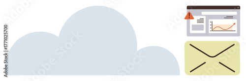 Cloud, envelope, and data analytics window with alert convey security, data sharing, and communication themes. Ideal for cloud technology, cybersecurity, email systems, analytics web alerts data