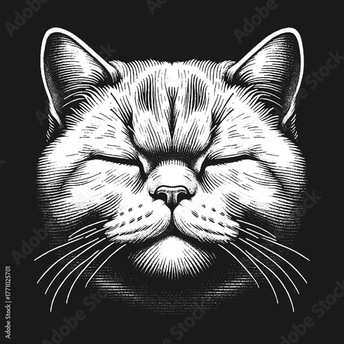 Serene Cat Portrait: Detailed Engraving on Black Background.