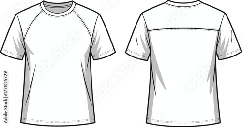 Short sleeve raglan t shirt front back technical fashion flat sketch, crew neck apparel design template, clothing vector illustration garment construction blueprint outline