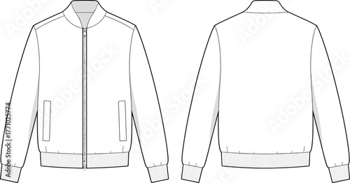 Flat sketch technical drawing of zip up bomber jacket front and back view, fashion design template with ribbed cuffs waistband collar, apparel CAD illustration